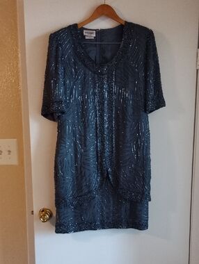 Beaded Charcoal Midi Dress with Sequined Trim